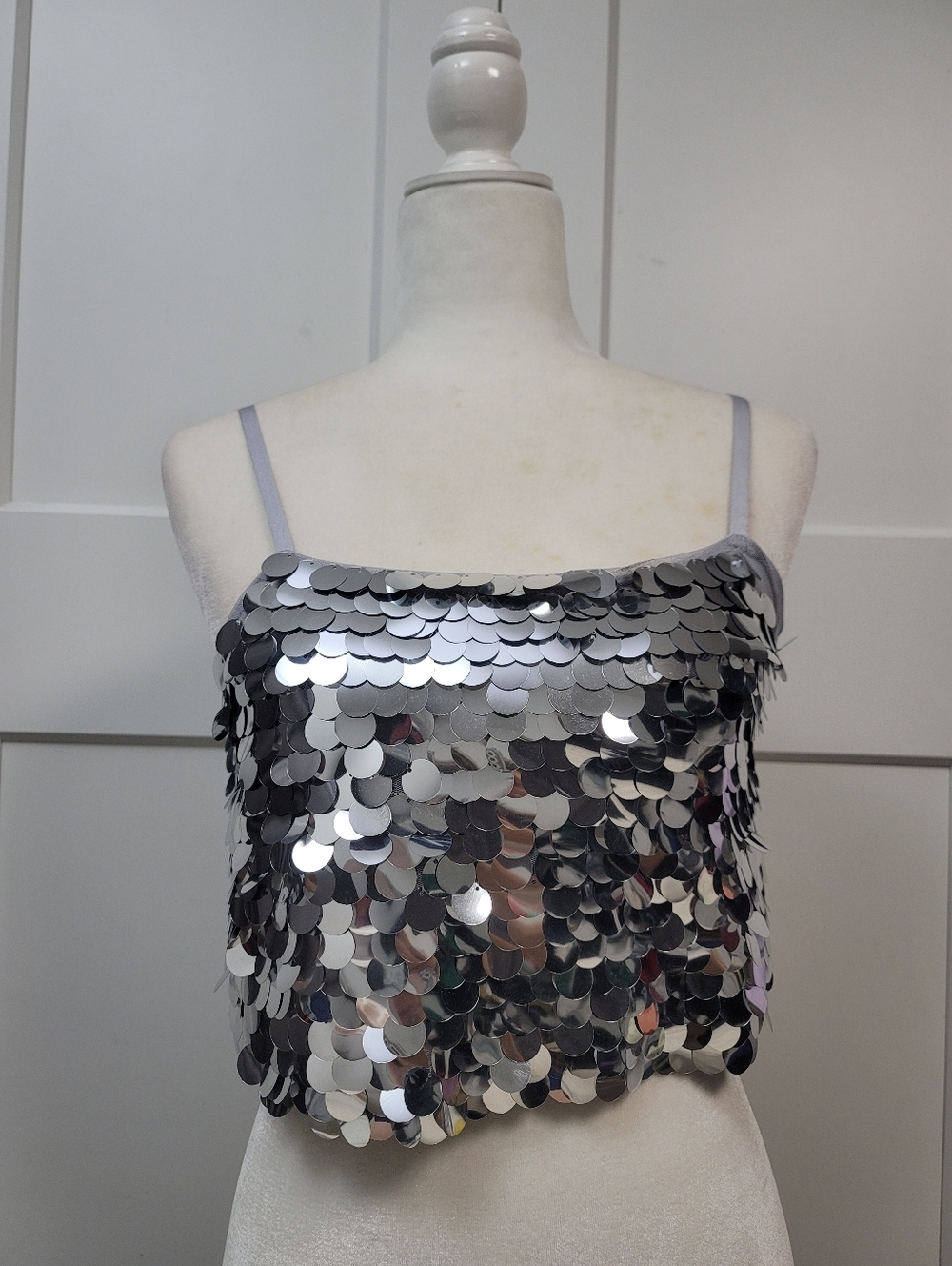 NWT Wild Fable Silver Paillette Sequin Crop Top - Jumbo Disco Mirror Tank XS - Picture 5 of 5
